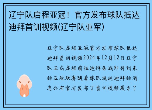 辽宁队启程亚冠！官方发布球队抵达迪拜首训视频(辽宁队亚军)