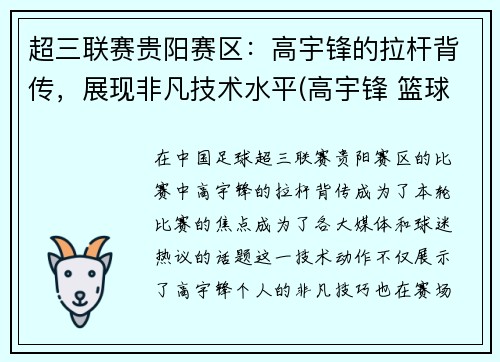 超三联赛贵阳赛区：高宇锋的拉杆背传，展现非凡技术水平(高宇锋 篮球)