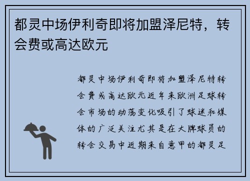 都灵中场伊利奇即将加盟泽尼特，转会费或高达欧元