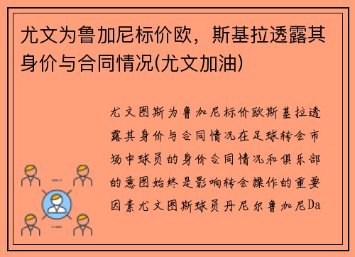 尤文为鲁加尼标价欧，斯基拉透露其身价与合同情况(尤文加油)
