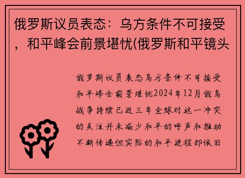 俄罗斯议员表态：乌方条件不可接受，和平峰会前景堪忧(俄罗斯和平镜头)