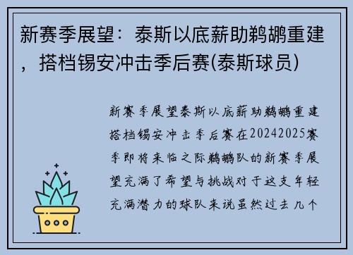 新赛季展望：泰斯以底薪助鹈鹕重建，搭档锡安冲击季后赛(泰斯球员)