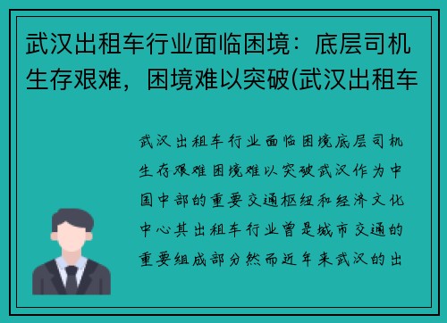 武汉出租车行业面临困境：底层司机生存艰难，困境难以突破(武汉出租车生意惨淡)