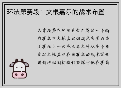 环法第赛段：文根嘉尔的战术布置